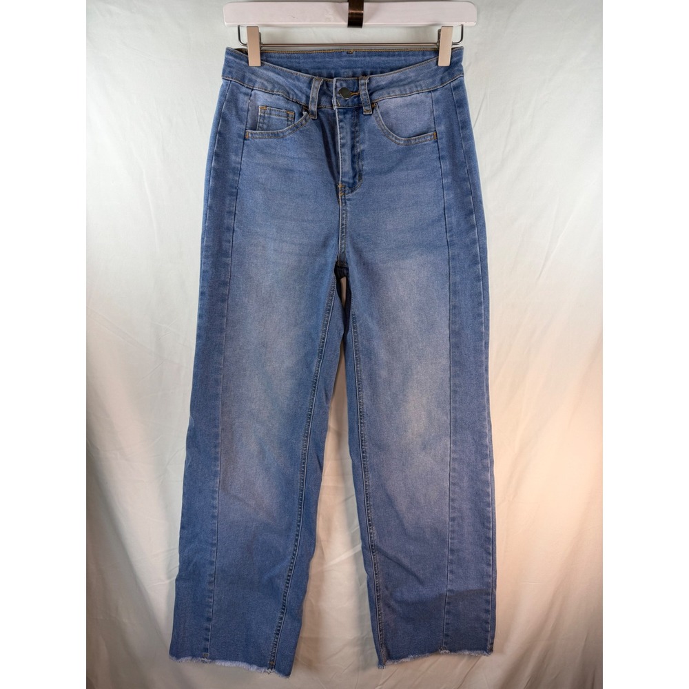 Sidefeel Womens High Waisted Wide Leg Jeans Light Wash Frayed Hem Blue Size S